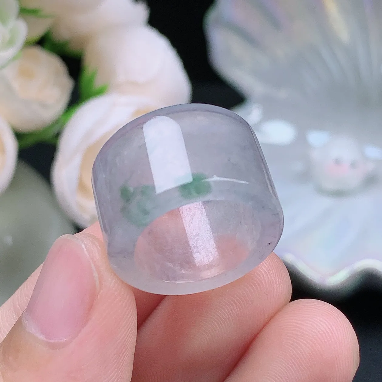 缅甸翡翠老坑冰种翡翠水润起胶小圈口飘花扳指玉指环  水润通透 尺寸：15.8-13.9-3.5mm 10号圈口4S