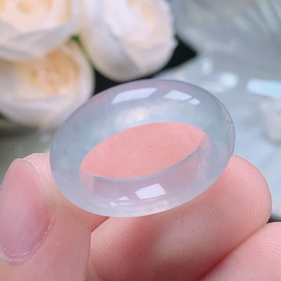 缅甸老坑冰种水润起胶白月光戒指玉指环  水润通透 尺寸：16.9-5.9-3.9mm 13-14号圈