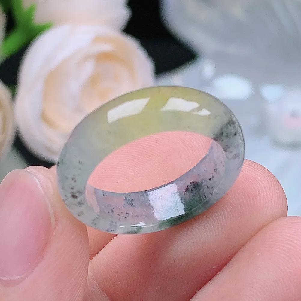 缅甸翡翠老坑冰种多彩冰黄乌鸡戒指玉指环  水润通透 尺寸：17.2-6.2-3mm 14-15号圈口3S