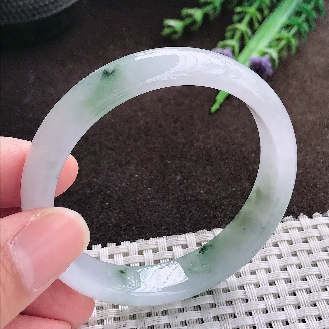 天然a货翡翠53.8/12.5/6.7老坑冰胶水灵飘花手镯宽边翡翠玉手镯