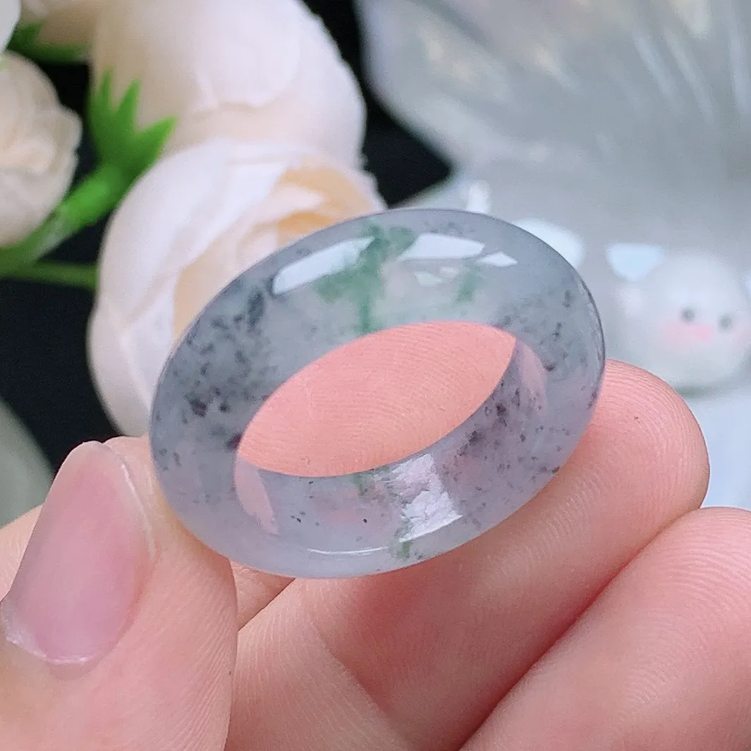 缅甸翡翠老坑冰种水润乌鸡飘花戒指玉指环  水润通透 尺寸：19.4-6.9-4.3mm 20-21号圈口3S