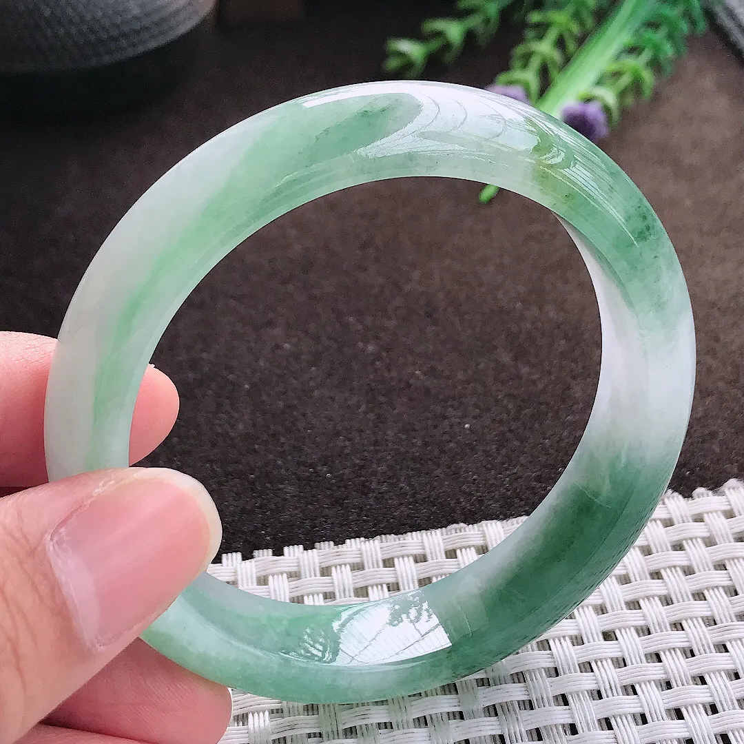 天然a货翡翠56/13.3/8老坑冰胶果冻飘花手镯宽边翡翠玉手镯