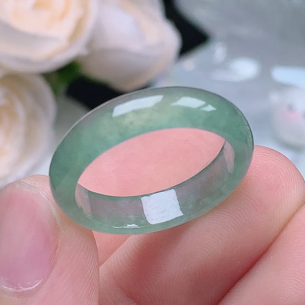 缅甸翡翠老坑冰种翡翠水润起胶晴水戒指玉指环  水润通透 尺寸：19.1-5.2-2.8mm 20号圈口4S