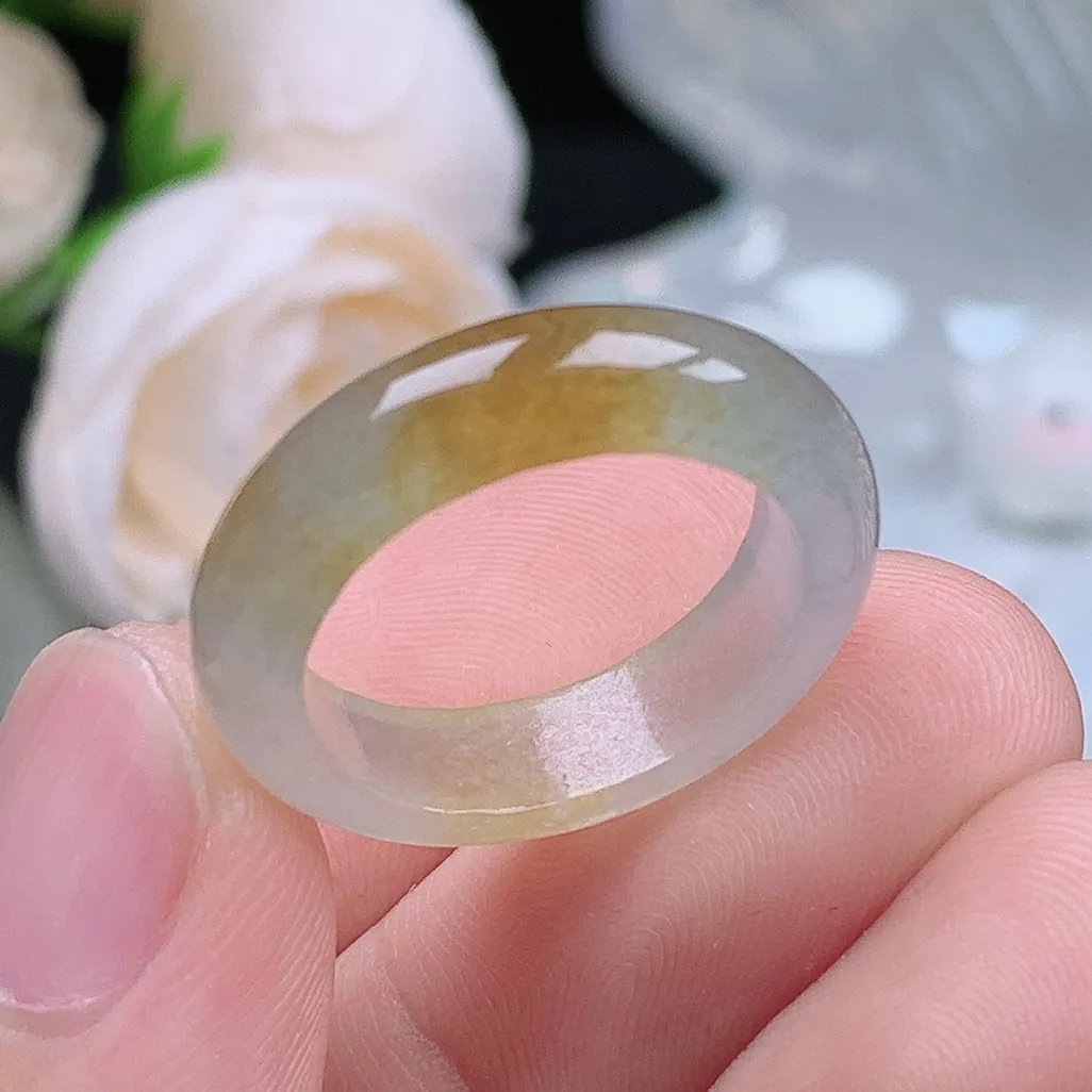 缅甸翡翠老坑冰种翡翠水润起胶冰黄翡戒指玉指环  水润通透 尺寸：17.5-5.4-3.7mm 15号圈口4S