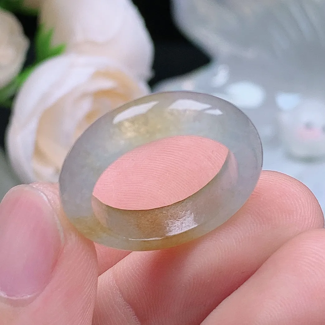 缅甸翡翠老坑冰种翡翠水润起胶冰黄翡戒指玉指环  水润通透 尺寸：17.5-5.4-3.7mm 15号圈口4S