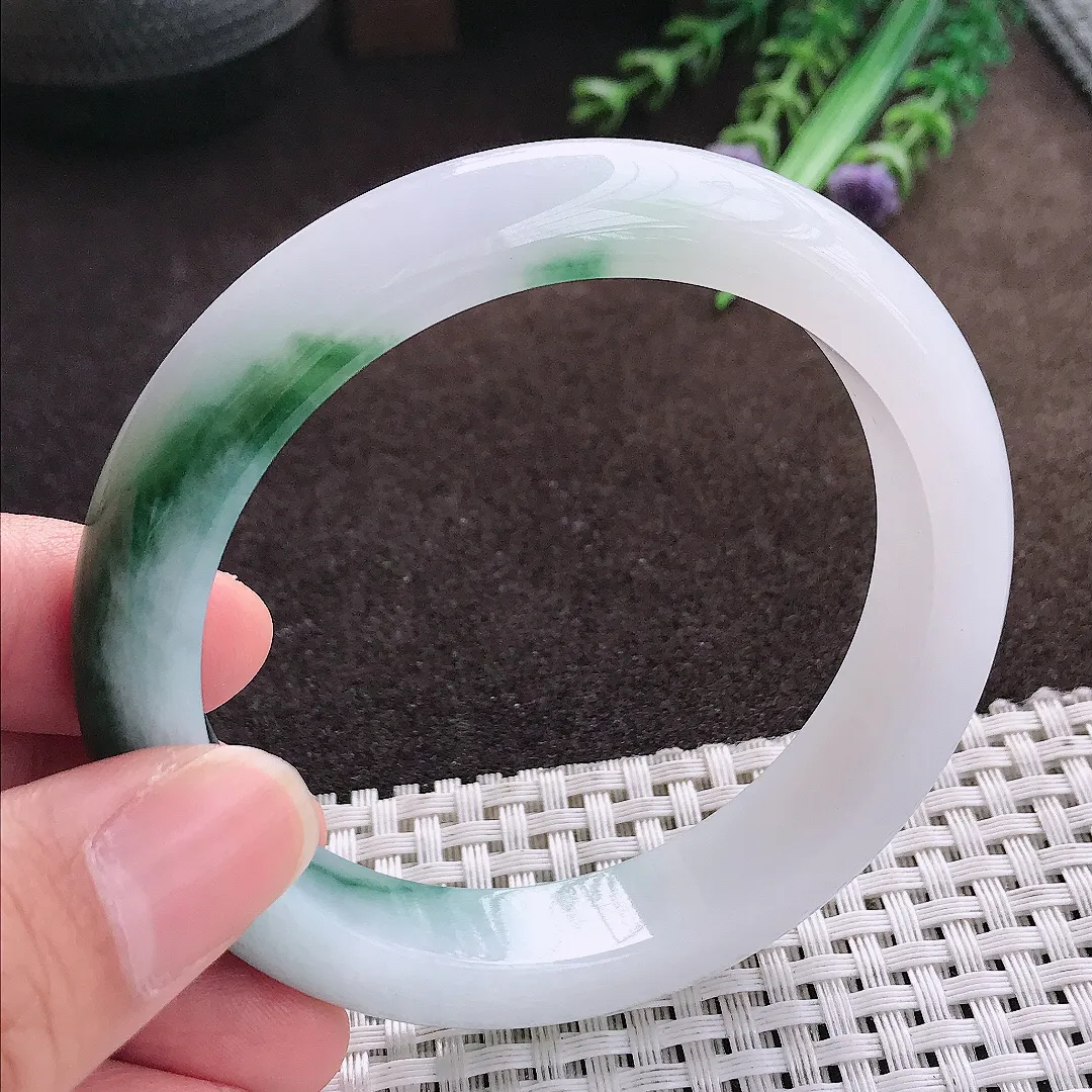 天然a货翡翠58/12.1/8.8老坑冰润起胶特色飘花手镯宽边翡翠玉手镯