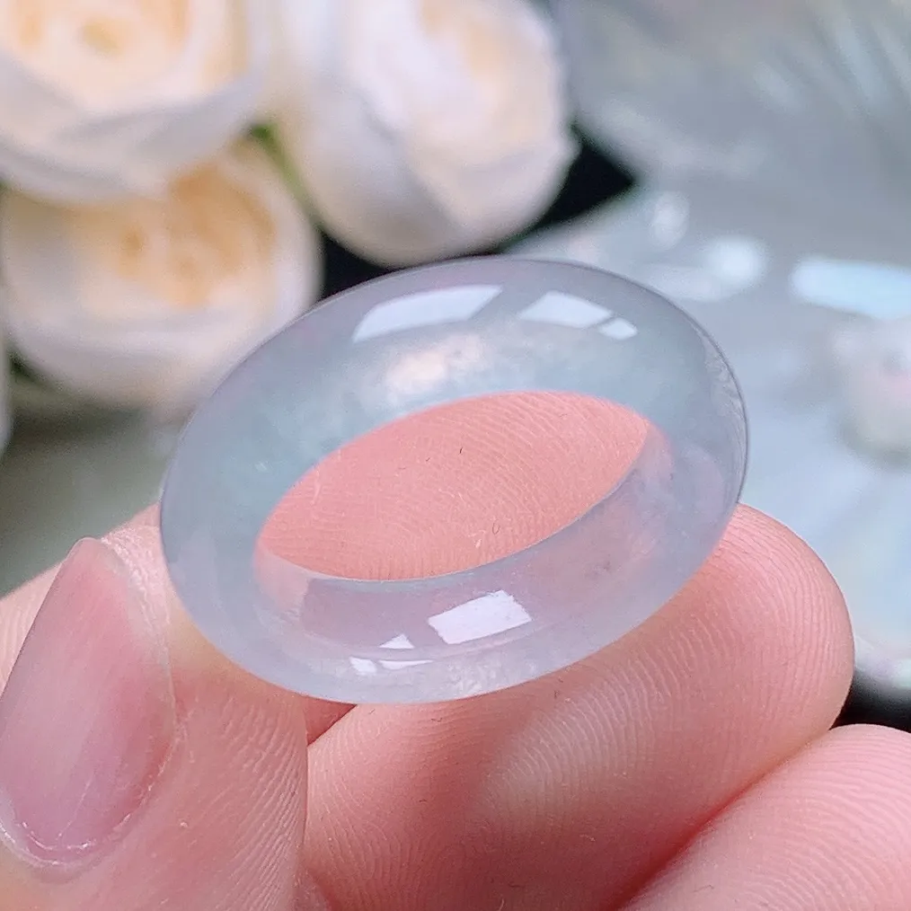 缅甸老坑冰种水润起胶白月光戒指玉指环  水润通透 尺寸：16.9-5.9-3.9mm 13-14号圈口2S