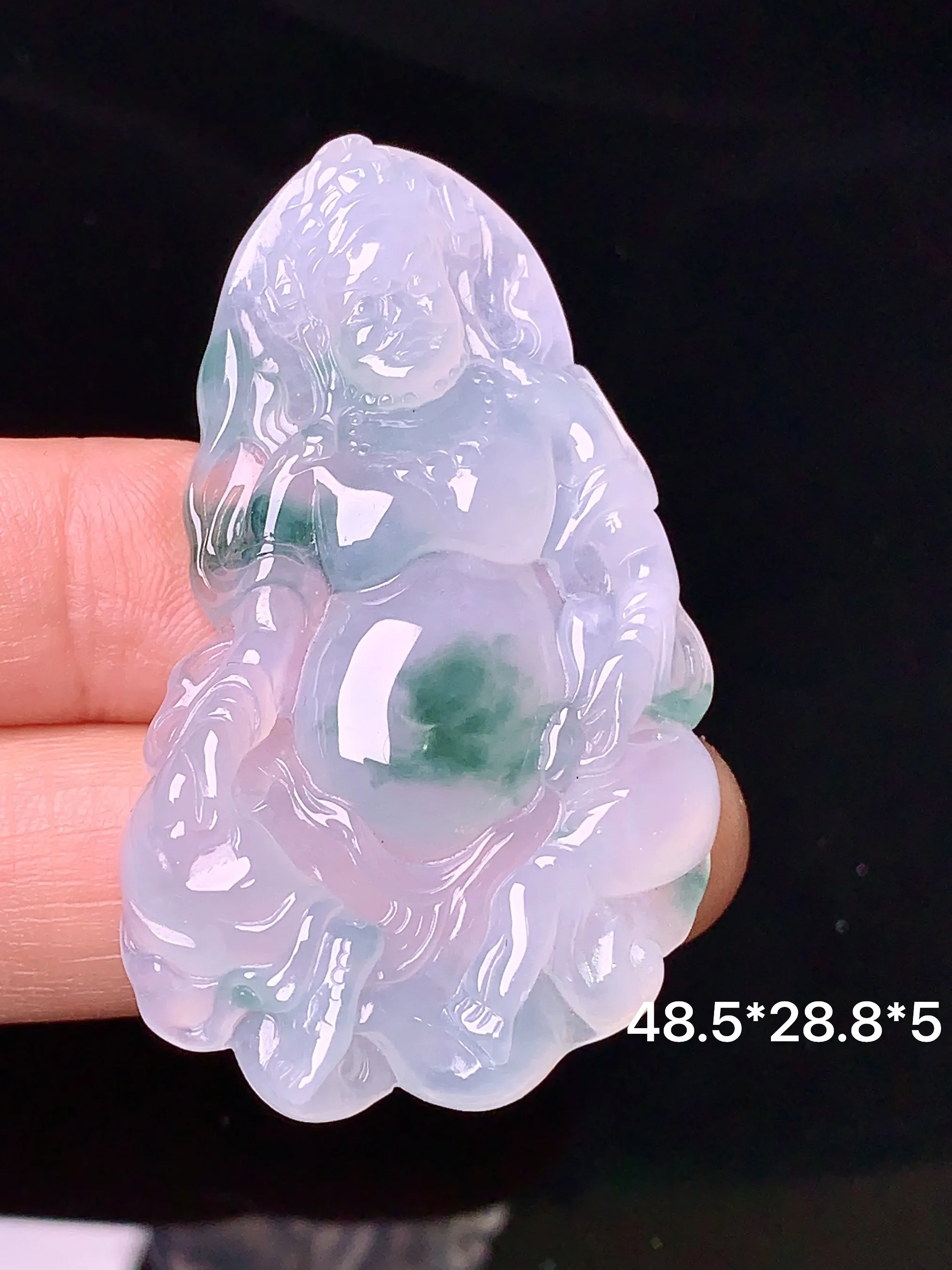 冰种飘绿黄财神吊坠 玉质细腻 色泽清新艳丽 整体尺寸48.5*28.8*5