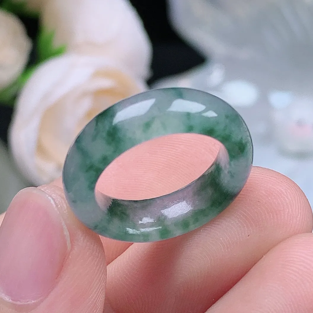 缅甸翡翠老坑冰种翡翠水润起胶飘花戒指玉指环  水润通透 尺寸：15.1-6.2-3.7mm 9-10号圈口4S