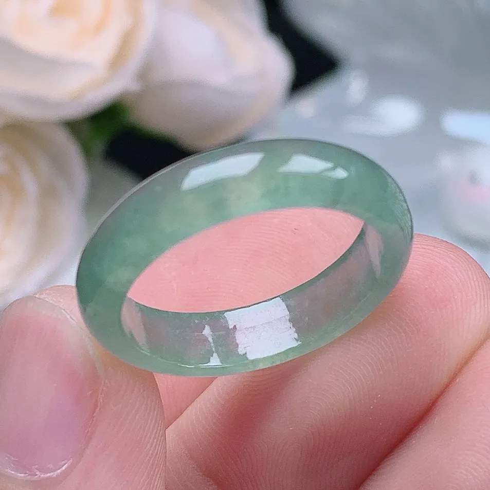 缅甸翡翠老坑冰种翡翠水润起胶晴水戒指玉指环  水润通透 尺寸：19.1-5.2-2.8mm 20号圈口4S