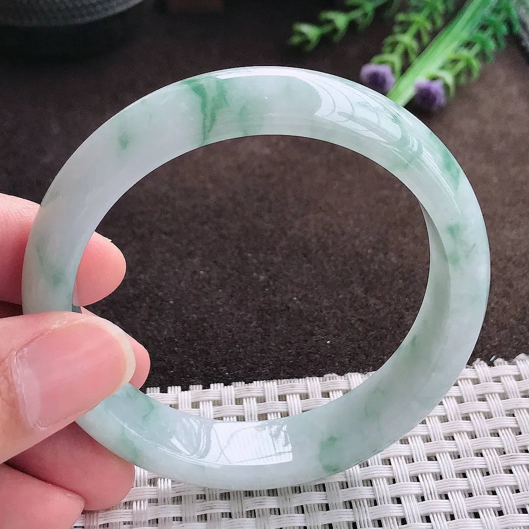 天然a货翡翠57.8/13.5/8老坑精美冰润飘花手镯宽边翡翠玉手镯