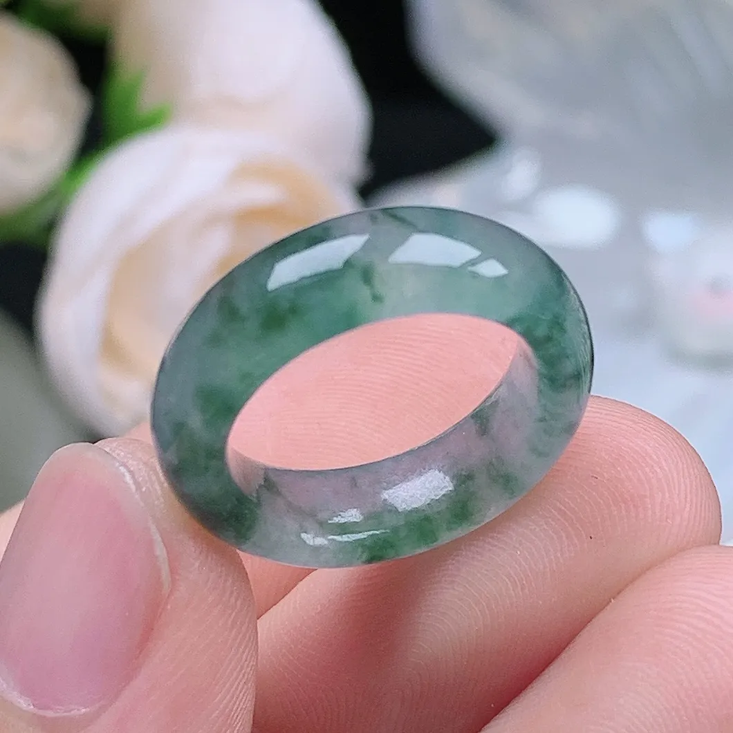 缅甸翡翠老坑冰种翡翠水润起胶飘花戒指玉指环  水润通透 尺寸：15.1-6.2-3.7mm 9-10号圈口4S