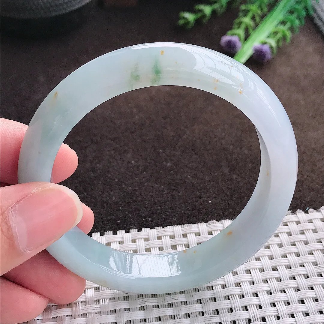 天然a货翡翠57/11.7/8.4老坑冰胶水灵飘花手镯宽边翡翠玉手镯