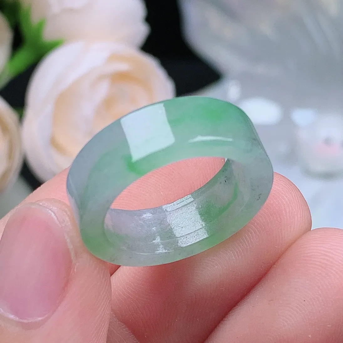 缅甸翡翠老坑冰种飘阳绿方戒戒指玉指环  水润通透 尺寸：17.1-6.8-2.9mm 14号圈口3S