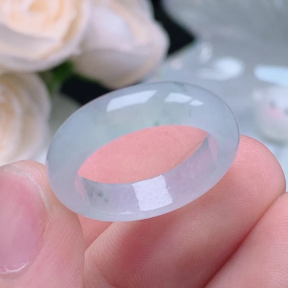 缅甸翡翠老坑种翡翠水润起胶飘花戒指玉指环  水润通透 尺寸：17.9-5.4-3.2mm 16-17