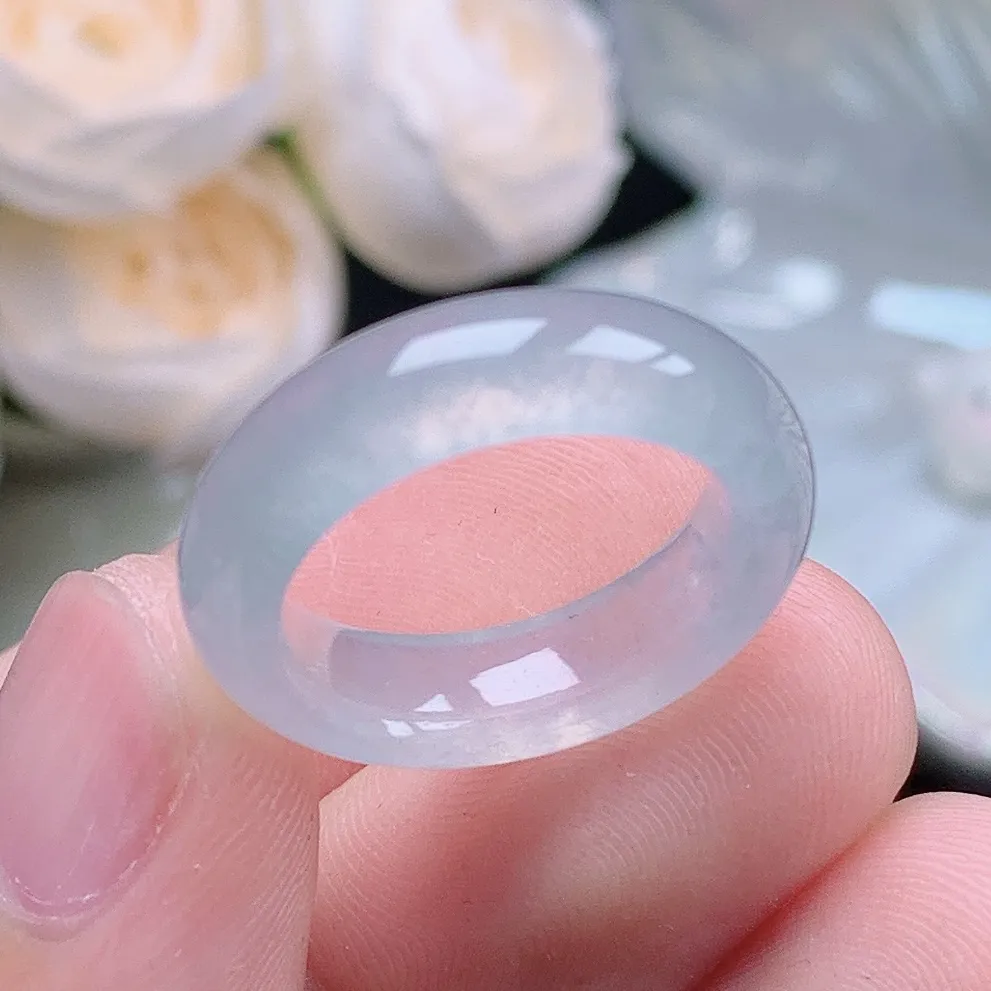 缅甸老坑冰种水润起胶白月光戒指玉指环  水润通透 尺寸：16.9-5.9-3.9mm 13-14号圈口2S