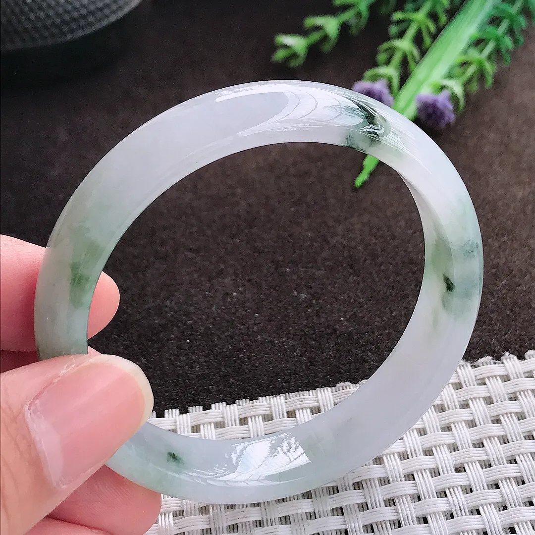 天然a货翡翠53.8/12.5/6.7老坑冰胶水灵飘花手镯宽边翡翠玉手镯