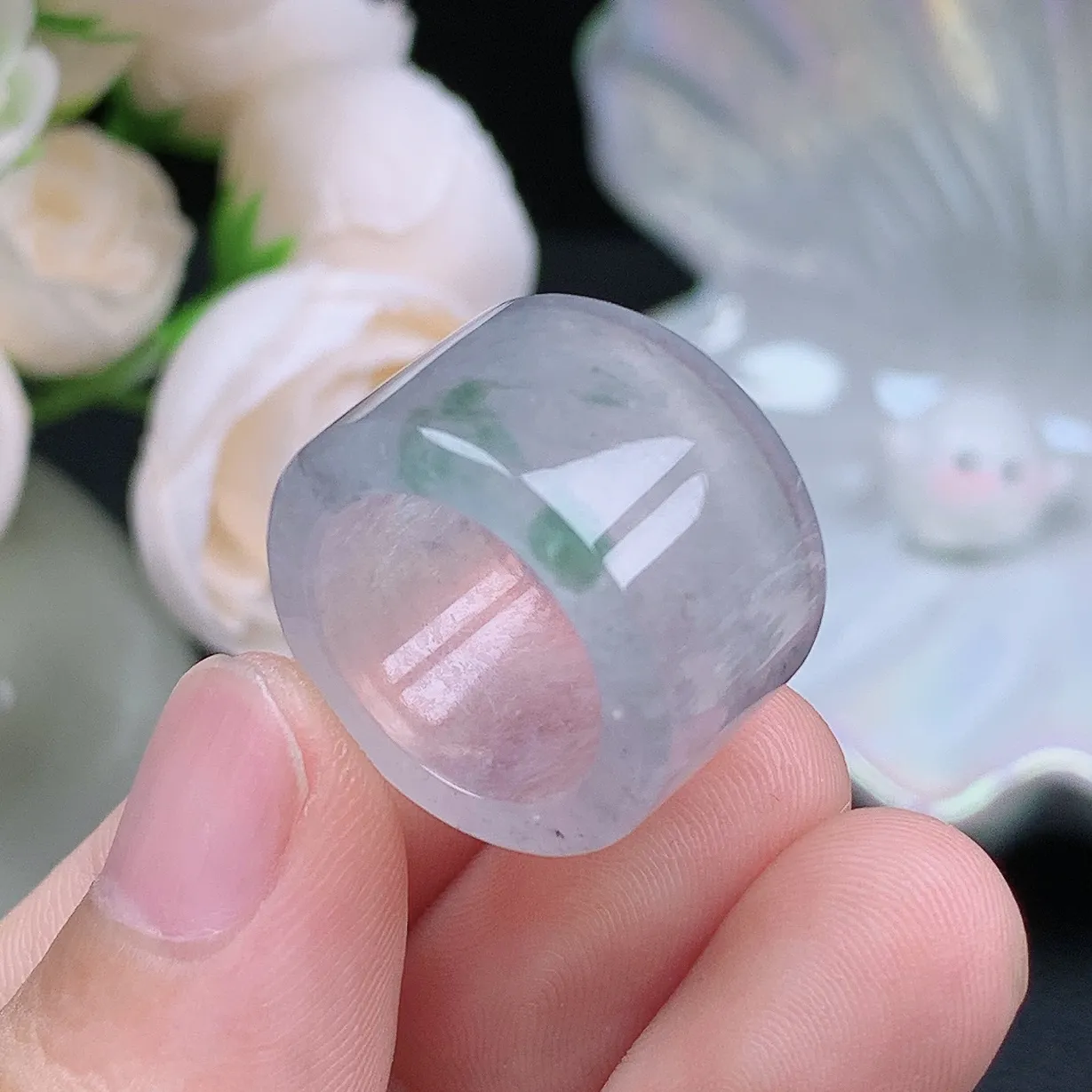 缅甸翡翠老坑冰种翡翠水润起胶小圈口飘花扳指玉指环  水润通透 尺寸：15.8-13.9-3.5mm 10号圈口4S