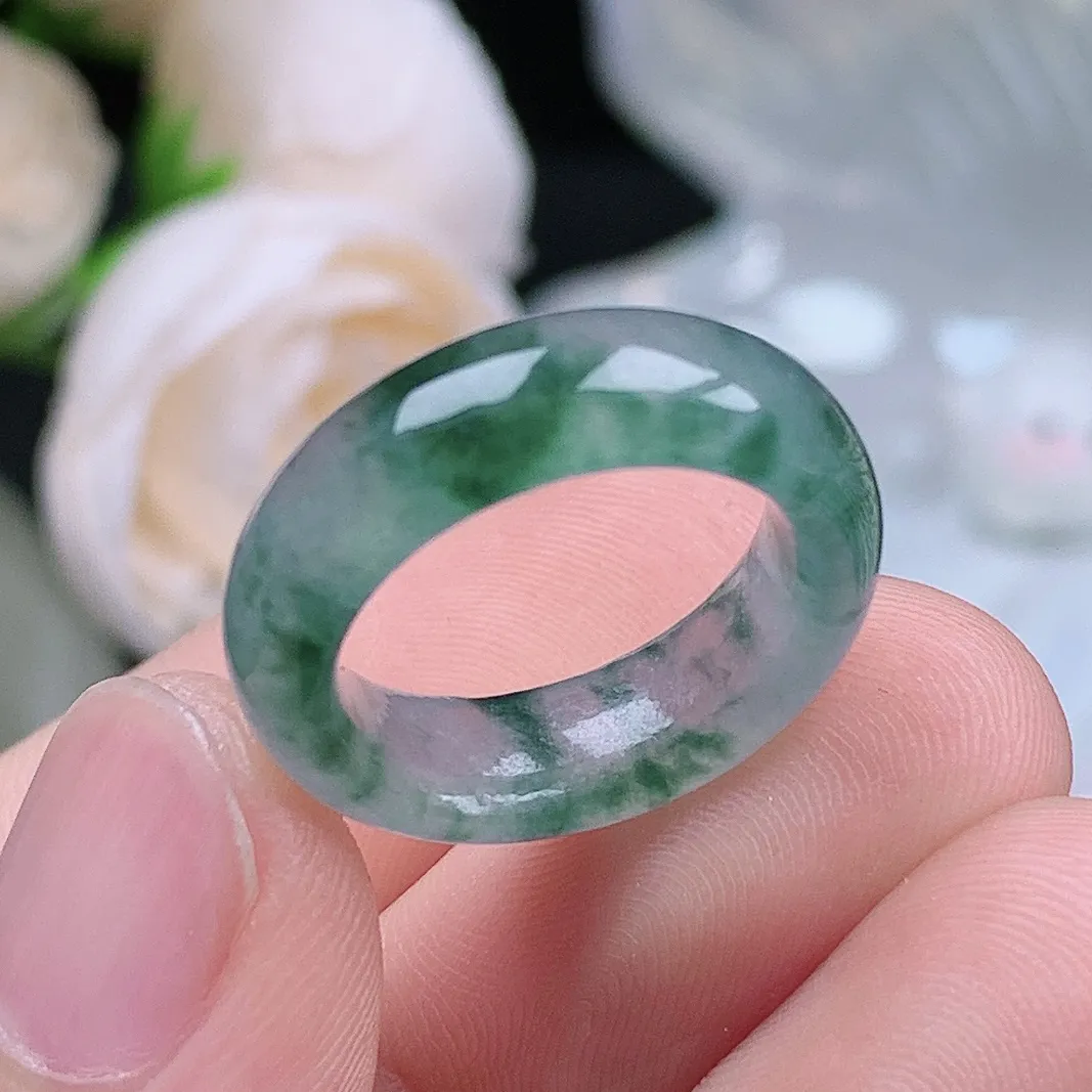 缅甸翡翠老坑冰种翡翠水润起胶飘花戒指玉指环  水润通透 尺寸：15.1-6.2-3.7mm 9-10号圈口4S