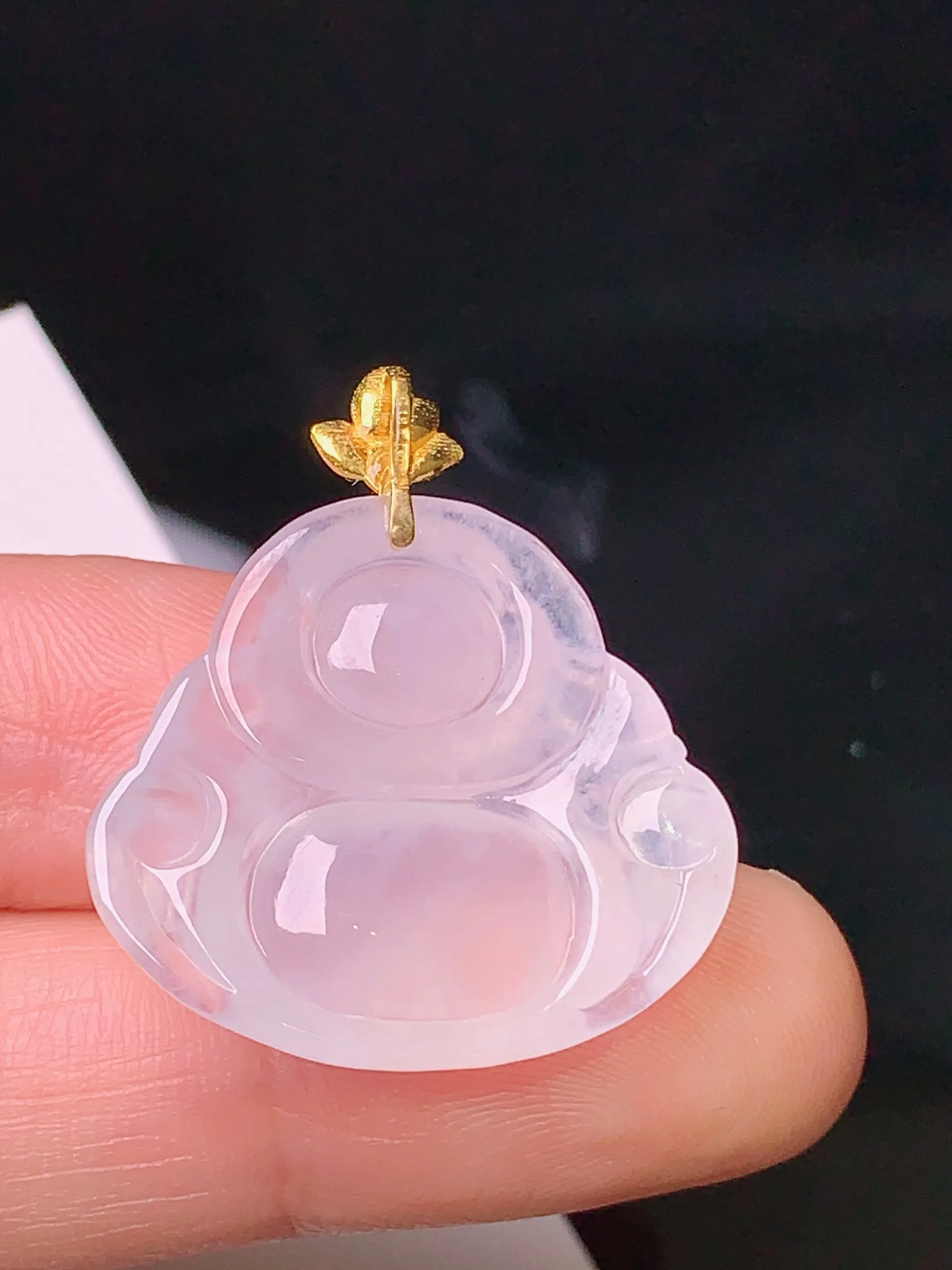 18k金镶嵌冰种平佛公吊坠 玉质细腻 色泽清新艳丽 整体尺寸28.2*24.5*6.3