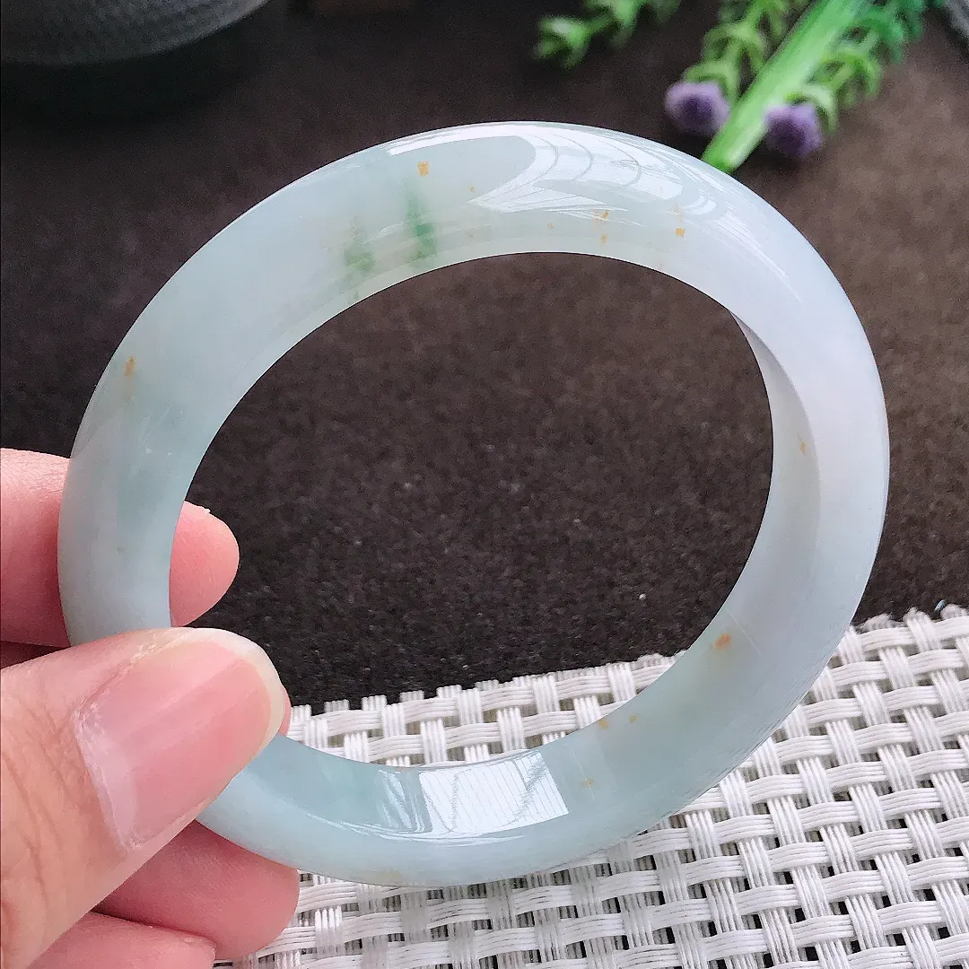 天然a货翡翠57/11.7/8.4老坑冰胶水灵飘花手镯宽边翡翠玉手镯