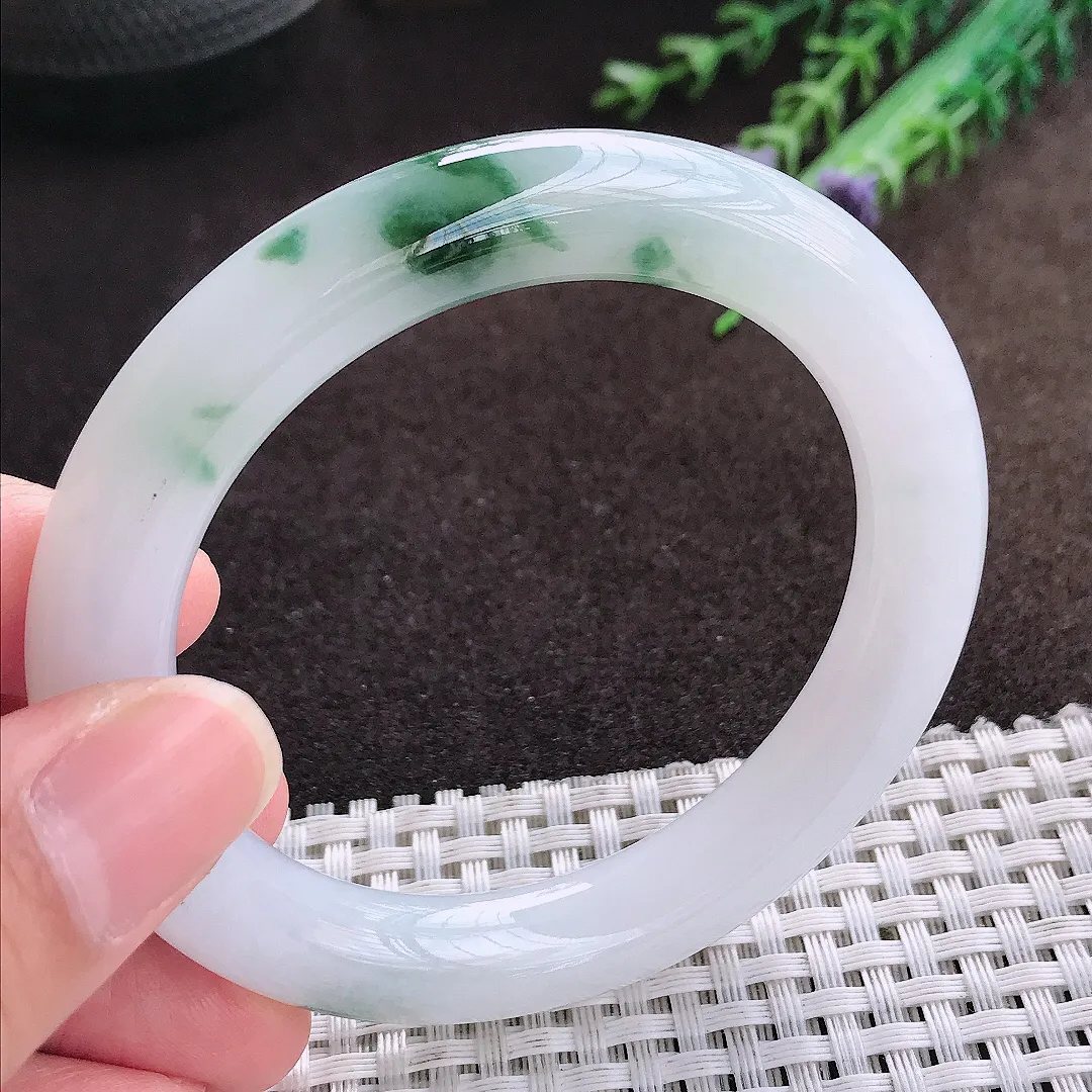 天然a货翡翠54.8/10.3/10老坑冰胶水灵飘花圆条手镯翡翠玉手镯
