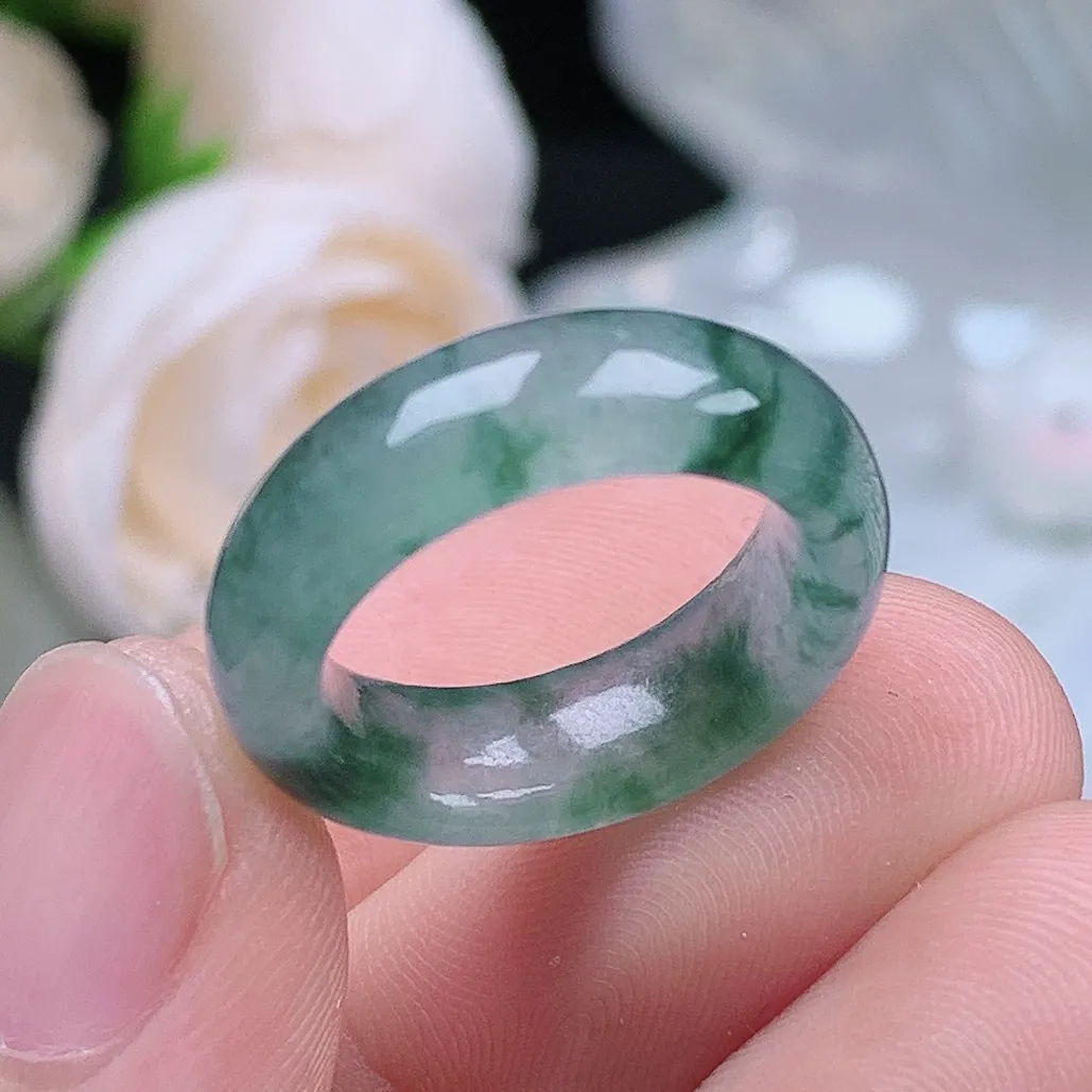 缅甸翡翠老坑冰种翡翠水润起胶飘花戒指玉指环  水润通透 尺寸：15.1-6.2-3.7mm 9-10号圈口4S