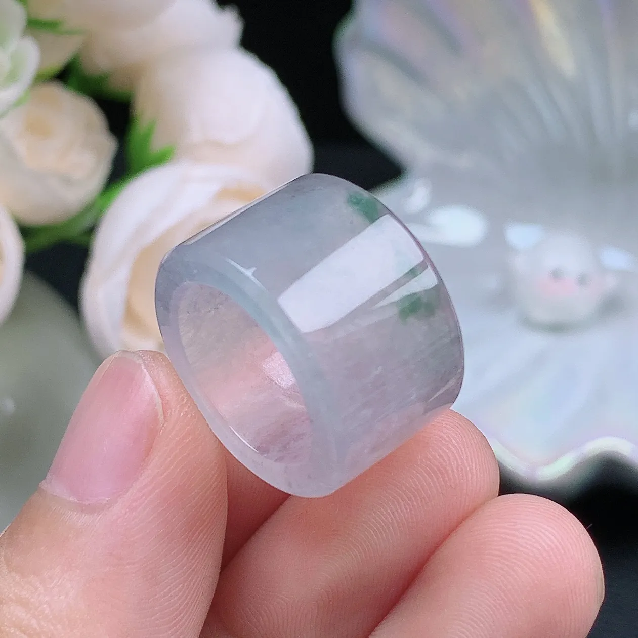 缅甸翡翠老坑冰种翡翠水润起胶小圈口飘花扳指玉指环  水润通透 尺寸：15.8-13.9-3.5mm 10号圈口4S