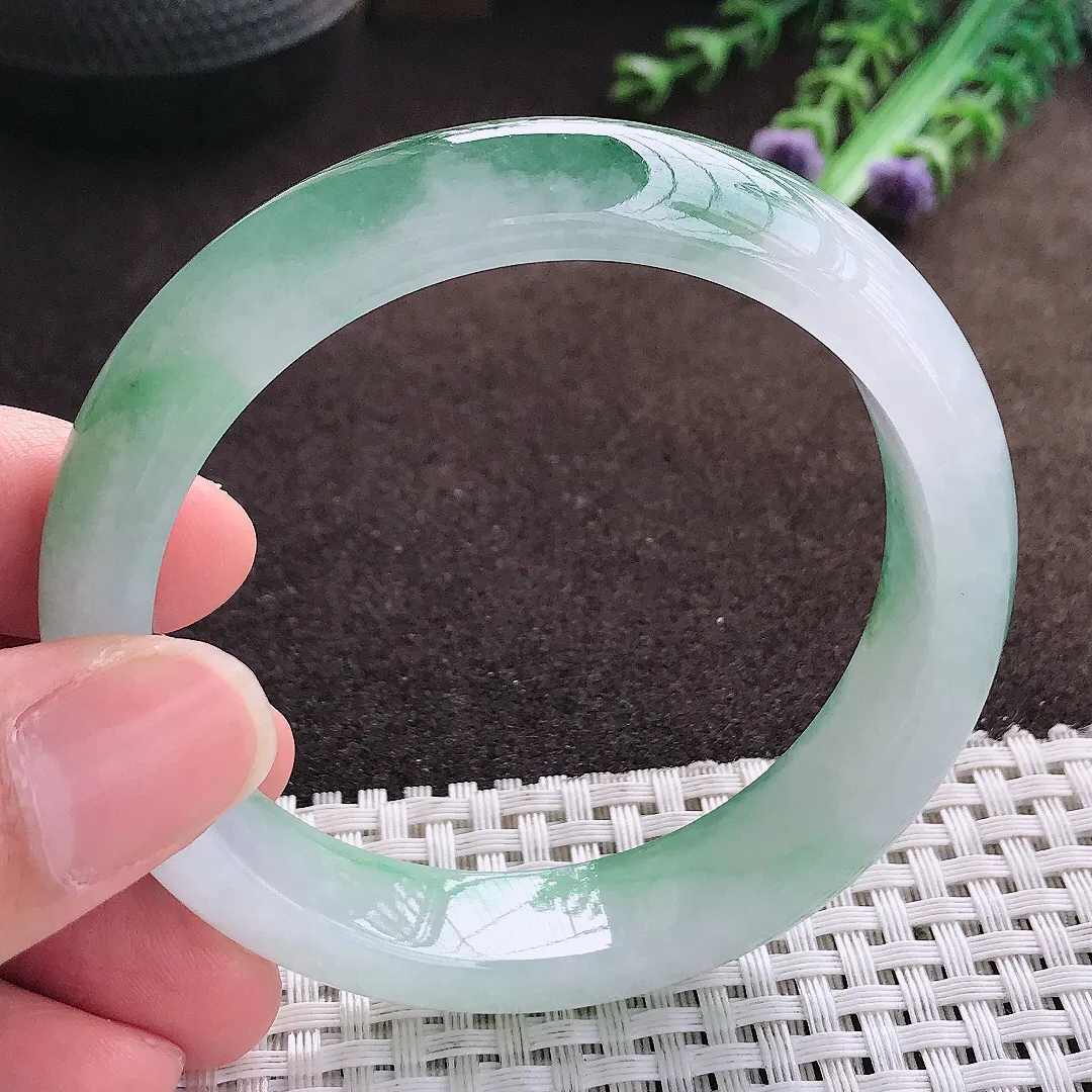 天然a货翡翠56/13.3/8老坑冰胶果冻飘花手镯宽边翡翠玉手镯