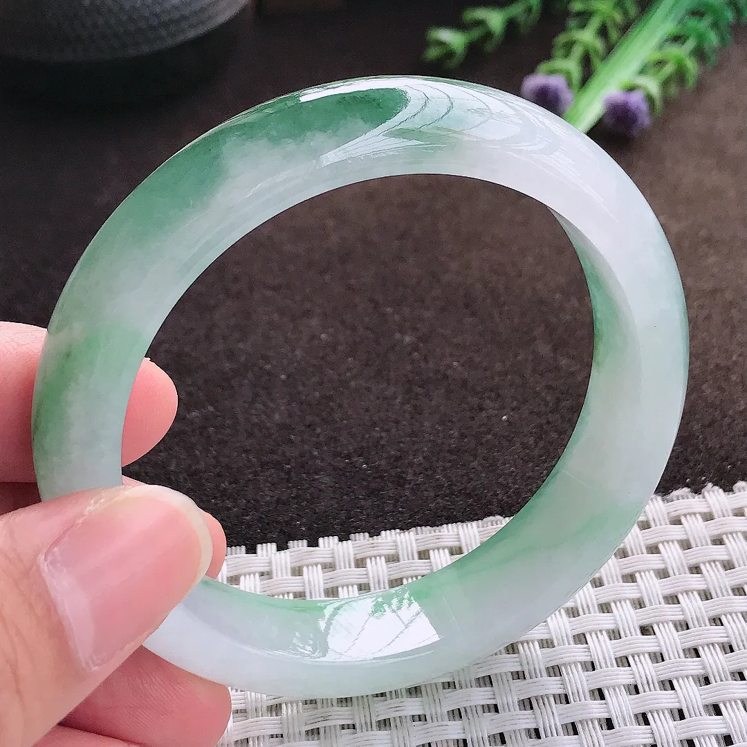 天然a货翡翠56/13.3/8老坑冰胶果冻飘花手镯宽边翡翠玉手镯