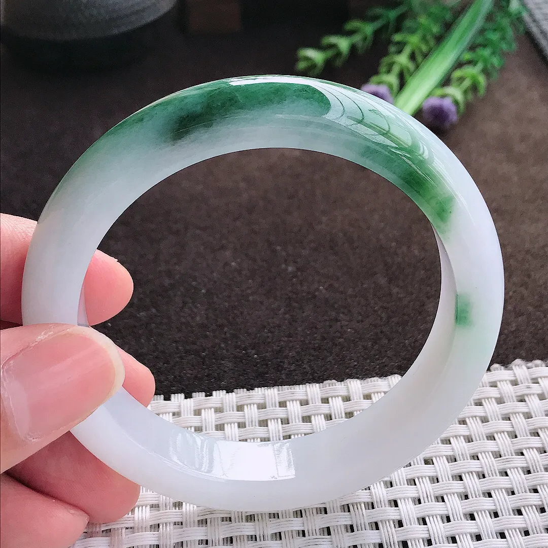 天然a货翡翠58/12.1/8.8老坑冰润起胶特色飘花手镯宽边翡翠玉手镯