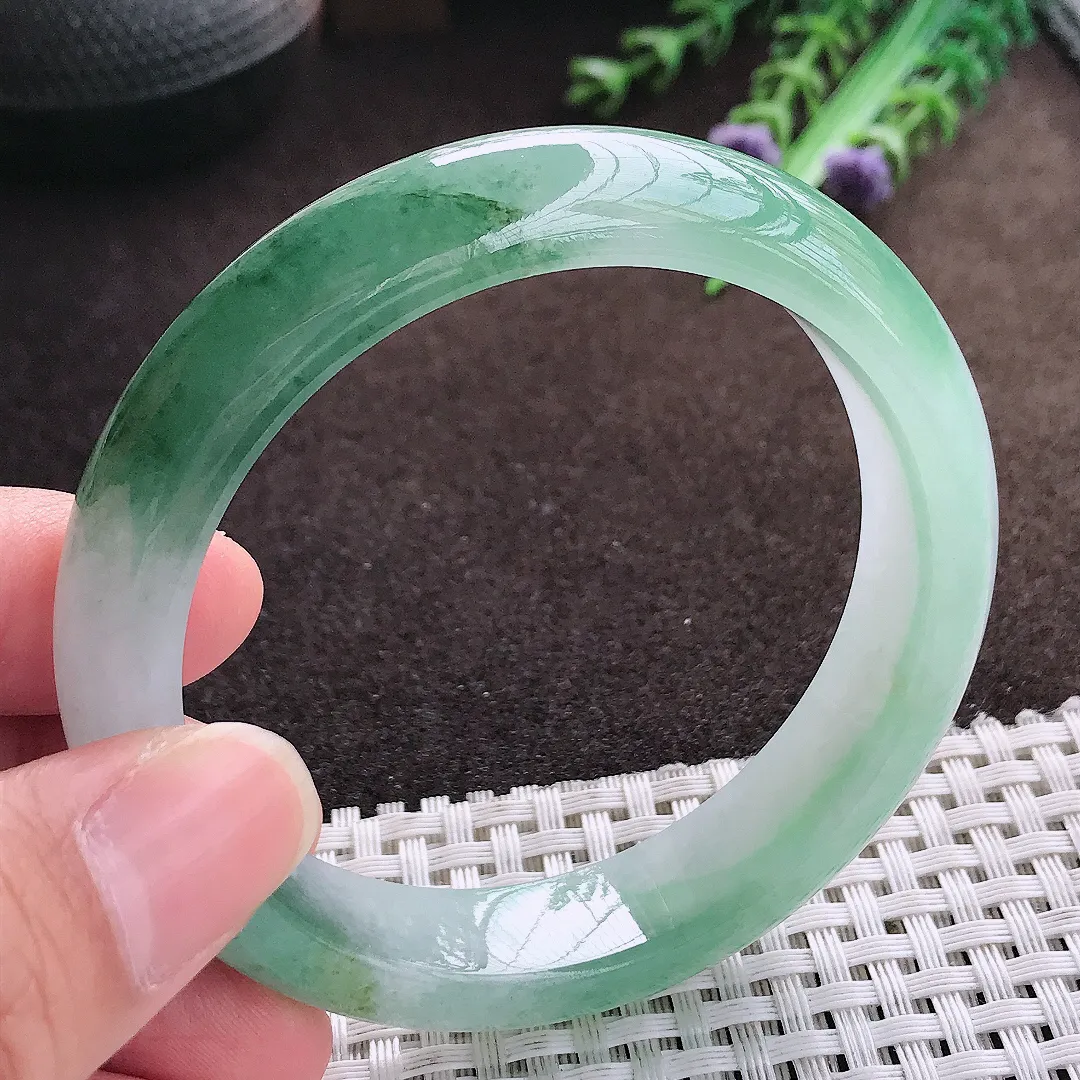 天然a货翡翠56/13.3/8老坑冰胶果冻飘花手镯宽边翡翠玉手镯