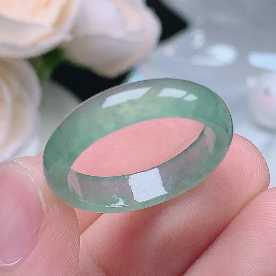 缅甸翡翠老坑冰种翡翠水润起胶晴水戒指玉指环  水润通透 尺寸：19.1-5.2-2.8mm 20号圈口4S