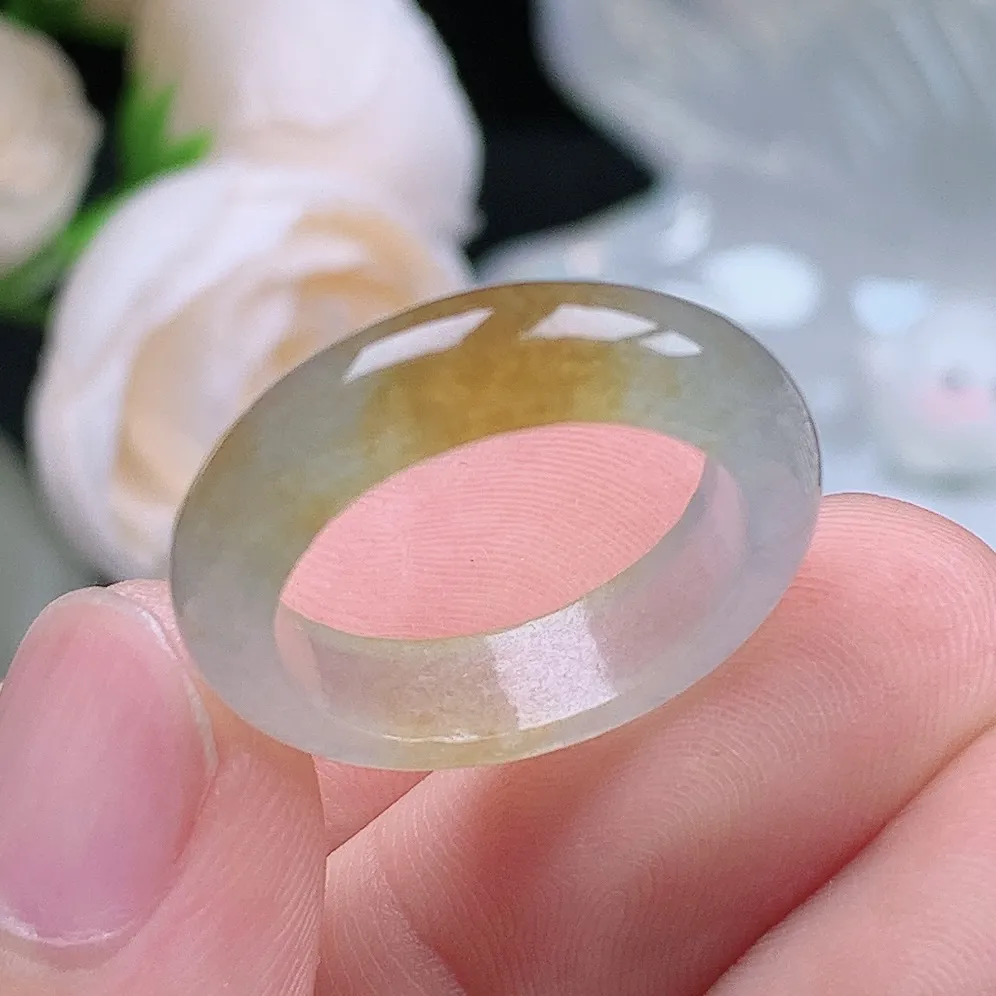 缅甸翡翠老坑冰种翡翠水润起胶冰黄翡戒指玉指环  水润通透 尺寸：17.5-5.4-3.7mm 15号圈口4S