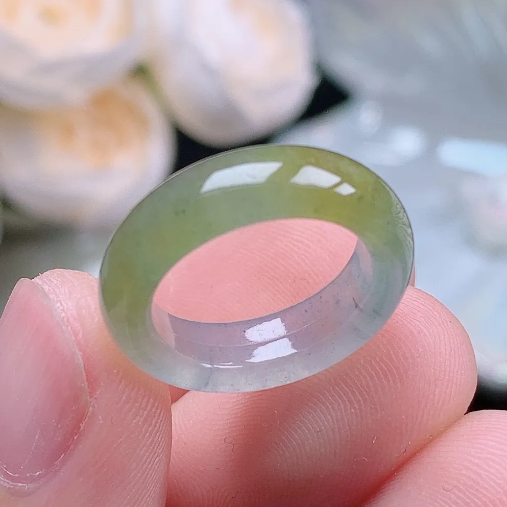 缅甸翡翠老坑冰种起胶乌鸡冰黄翡小圈口戒指玉指环  水润通透 尺寸：14.7-5.6-3.4mm 7号