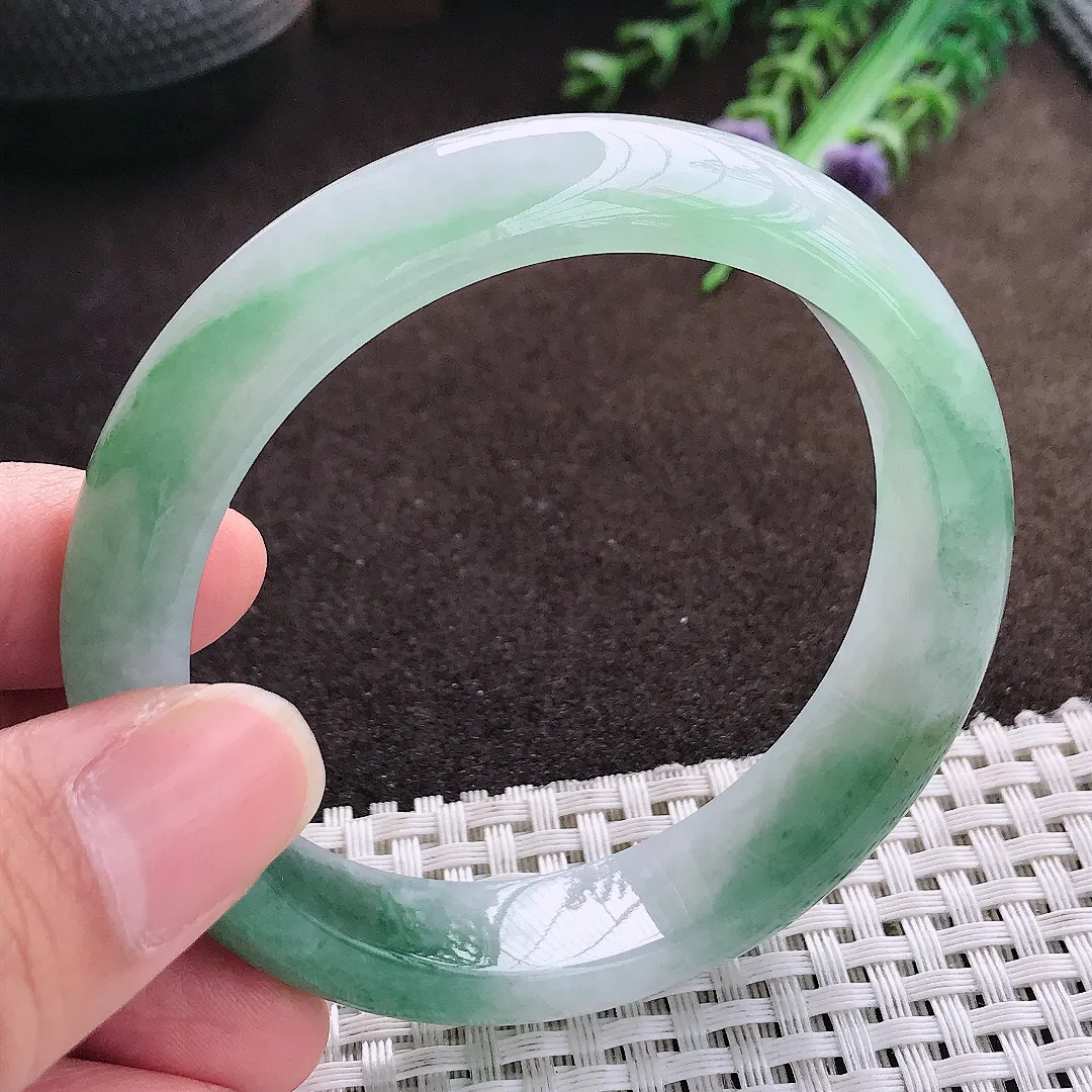 天然a货翡翠56/13.3/8老坑冰胶果冻飘花手镯宽边翡翠玉手镯