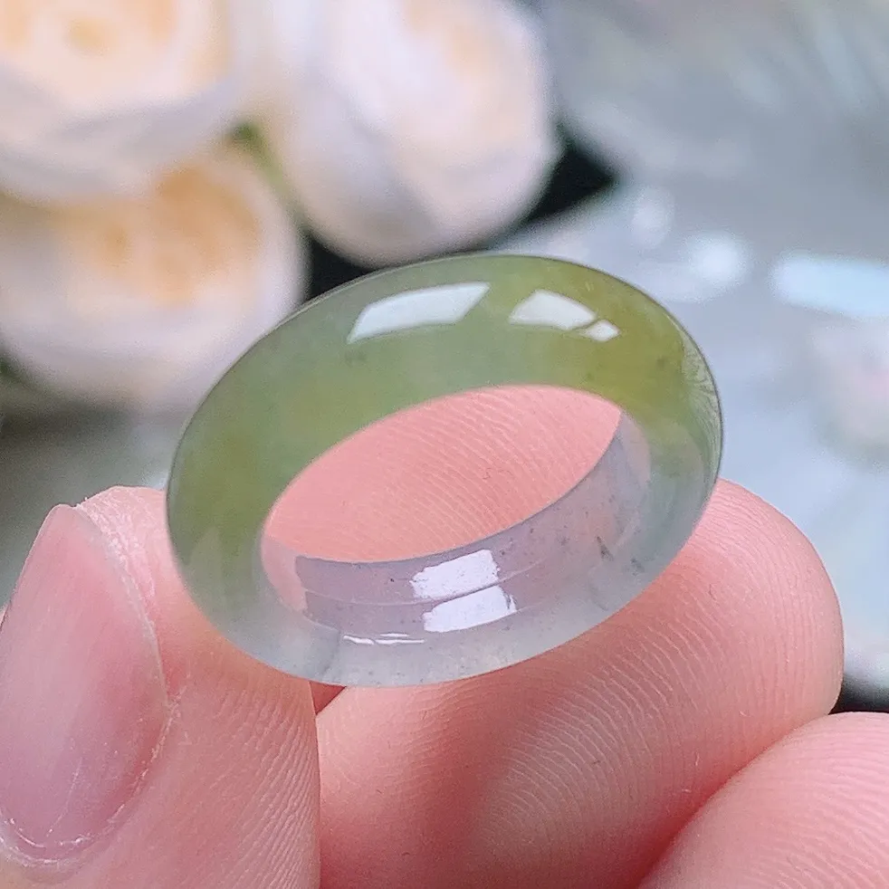 缅甸翡翠老坑冰种起胶乌鸡冰黄翡小圈口戒指玉指环  水润通透 尺寸：14.7-5.6-3.4mm 7号圈口4S