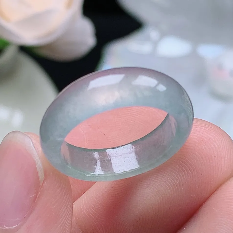 缅甸翡翠老坑冰种翡翠水润起胶晴底半山水戒指玉指环  水润通透 尺寸：17-5.6-3mm 13-14号圈口4S