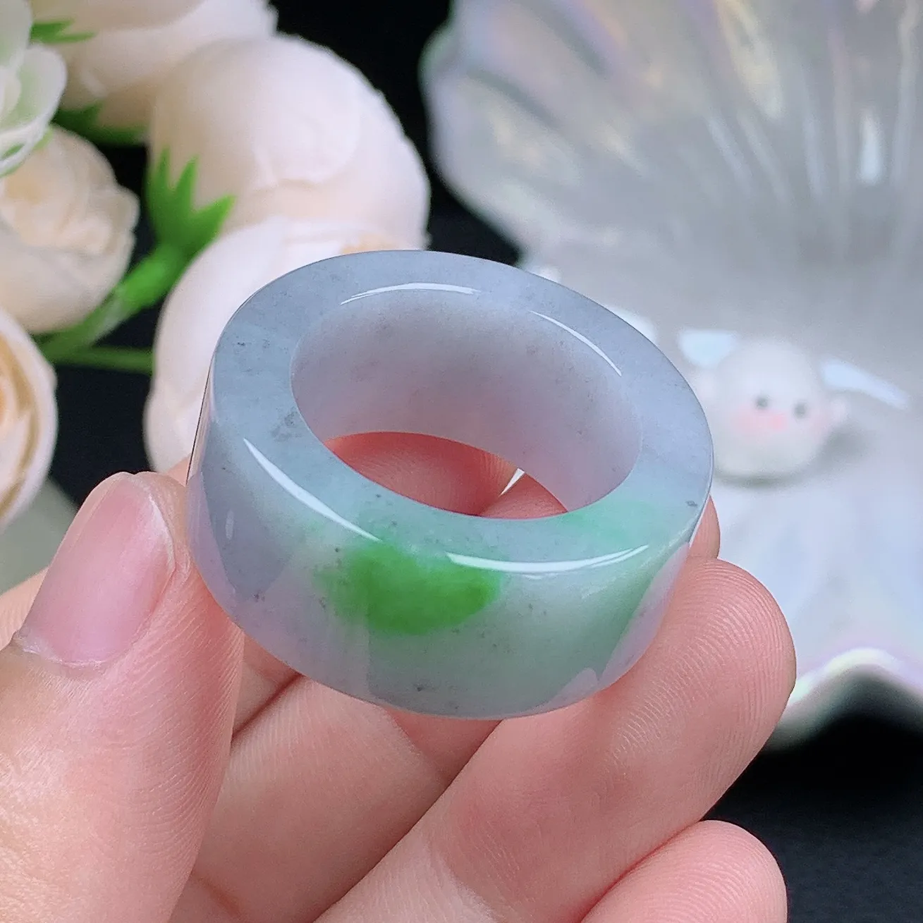 缅甸翡翠老坑种飘绿乌鸡扳指戒指玉指环  水润通透 尺寸：22.2-12.9-5.2mm 29号圈口3