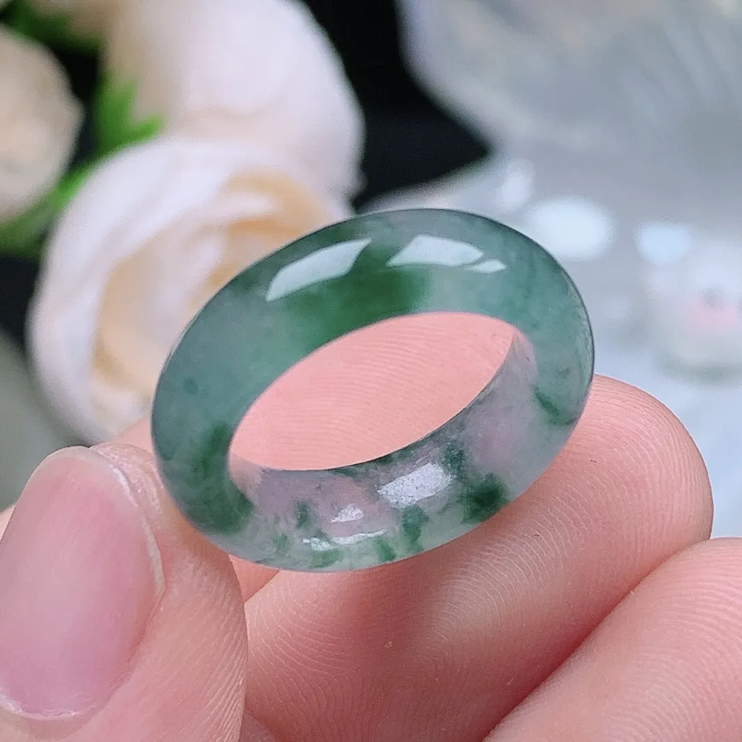 缅甸翡翠老坑冰种翡翠水润起胶飘花戒指玉指环  水润通透 尺寸：15.1-6.2-3.7mm 9-10号圈口4S