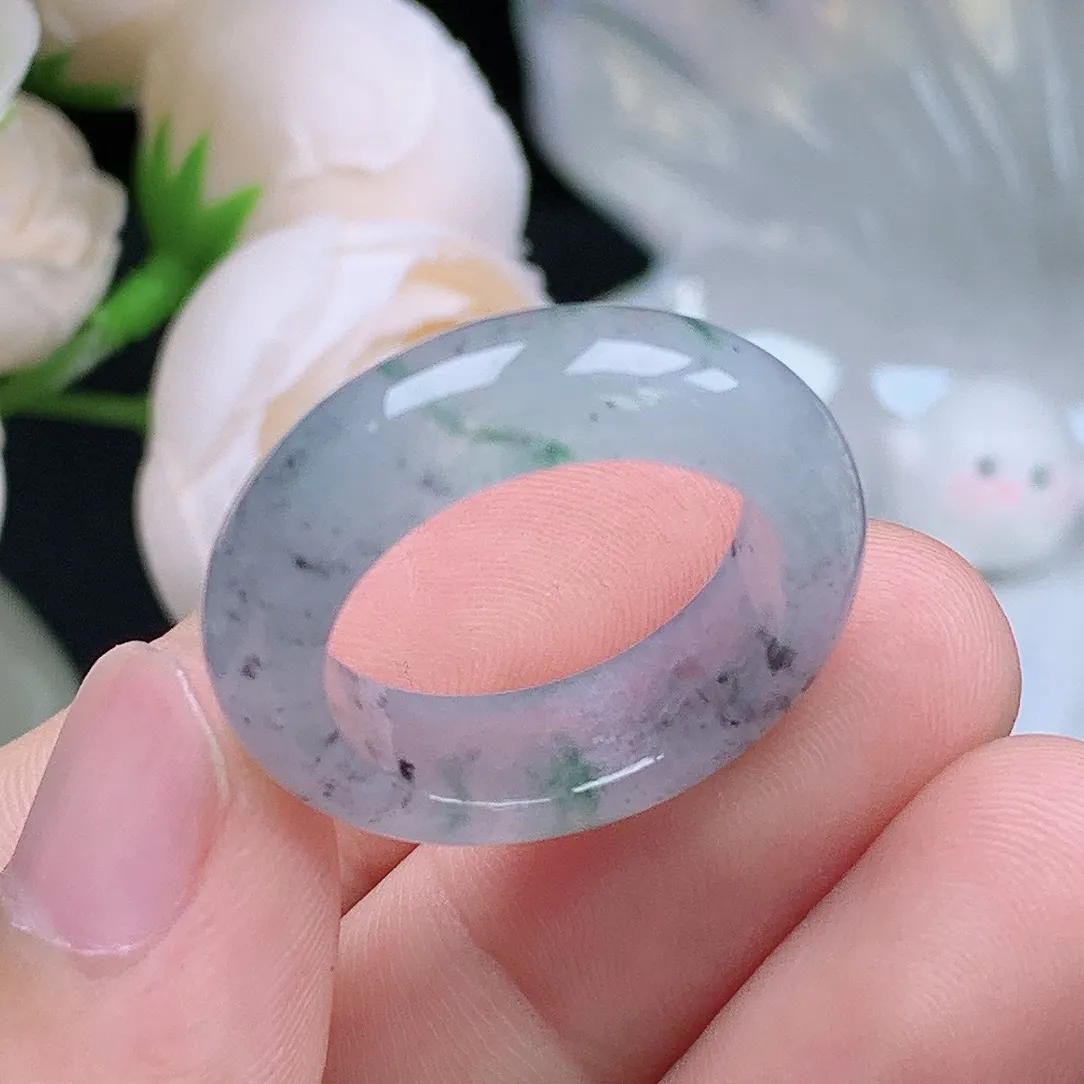 缅甸翡翠老坑冰种水润乌鸡飘花戒指玉指环  水润通透 尺寸：19.4-6.9-4.3mm 20-21号圈口3S