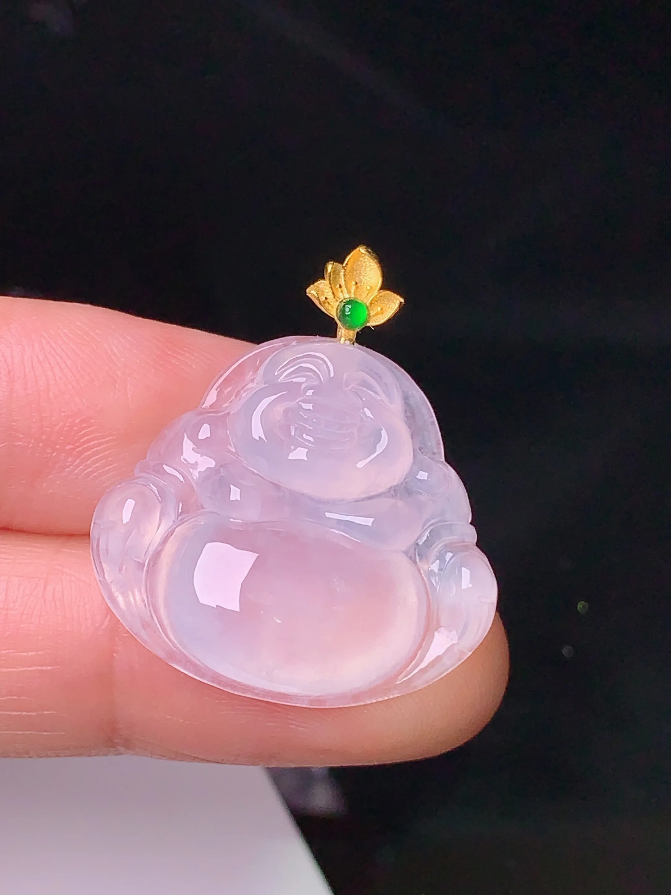 18k金镶嵌冰种平佛公吊坠 玉质细腻 色泽清新艳丽 整体尺寸28.2*24.5*6.3