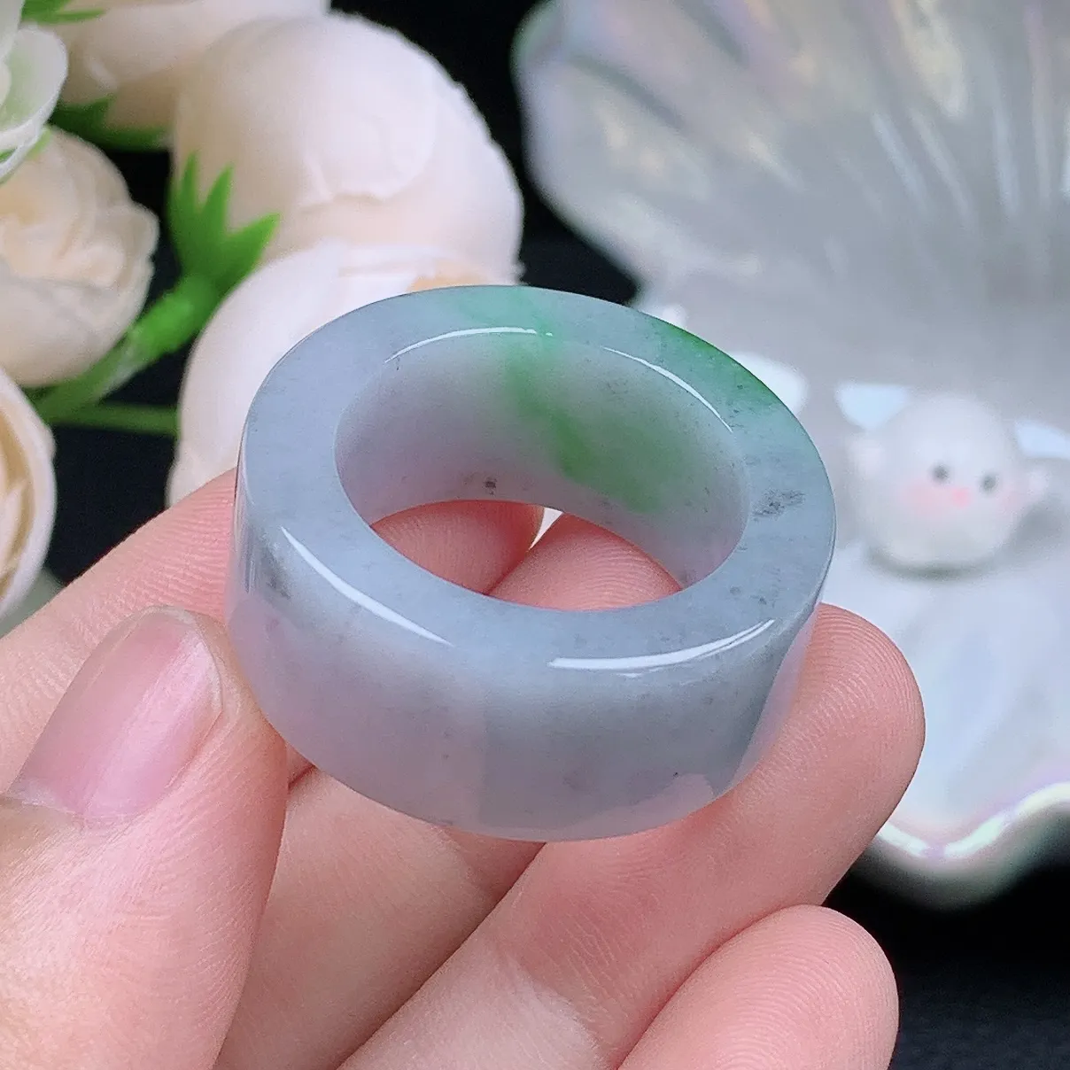 缅甸翡翠老坑种飘绿乌鸡扳指戒指玉指环  水润通透 尺寸：22.2-12.9-5.2mm 29号圈口3S