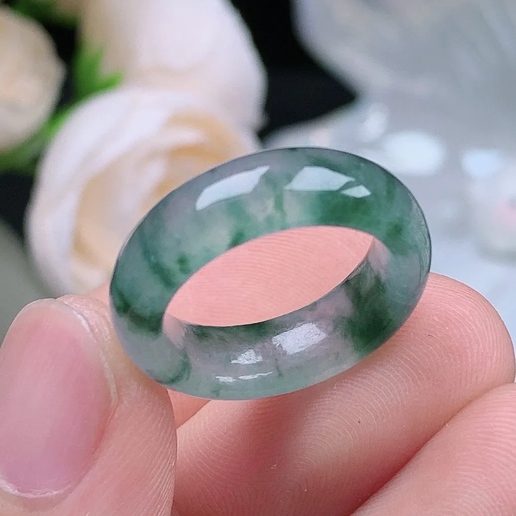 缅甸翡翠老坑冰种翡翠水润起胶飘花戒指玉指环  水润通透 尺寸：15.1-6.2-3.7mm 9-10号圈口4S