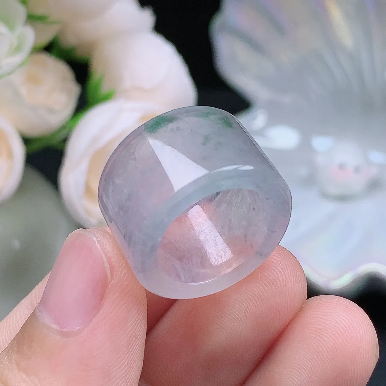 缅甸翡翠老坑冰种翡翠水润起胶小圈口飘花扳指玉指环  水润通透 尺寸：15.8-13.9-3.5mm 10号圈口4S