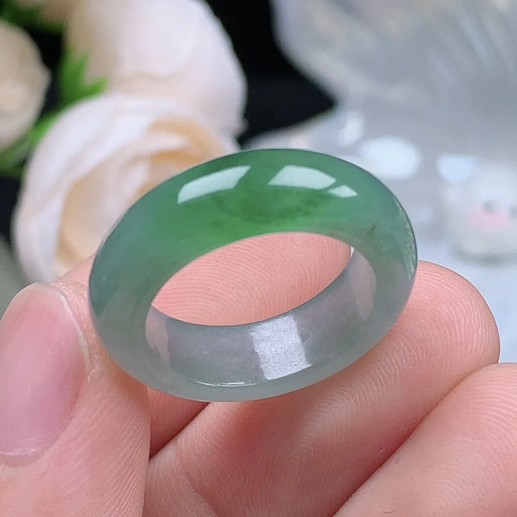 缅甸翡翠老坑种翡翠水润起胶飘绿花戒指玉指环  水润通透 尺寸：17.1-6.6-3.8mm 14号圈口4S