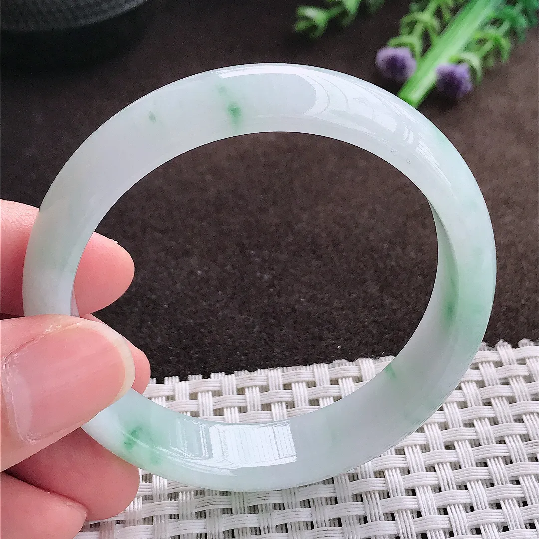 天然a货翡翠57/11.7/8.4老坑冰胶水灵飘花手镯宽边翡翠玉手镯