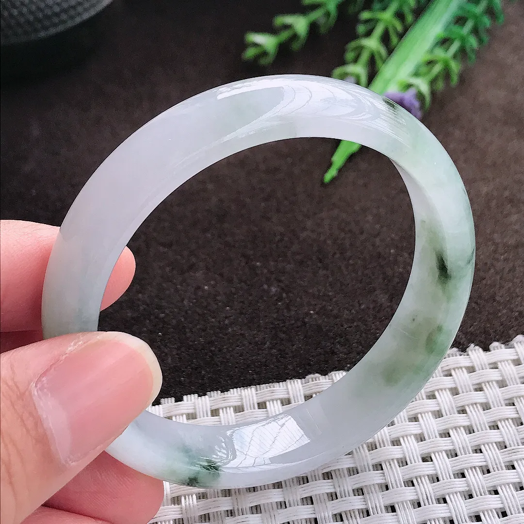 天然a货翡翠53.8/12.5/6.7老坑冰胶水灵飘花手镯宽边翡翠玉手镯