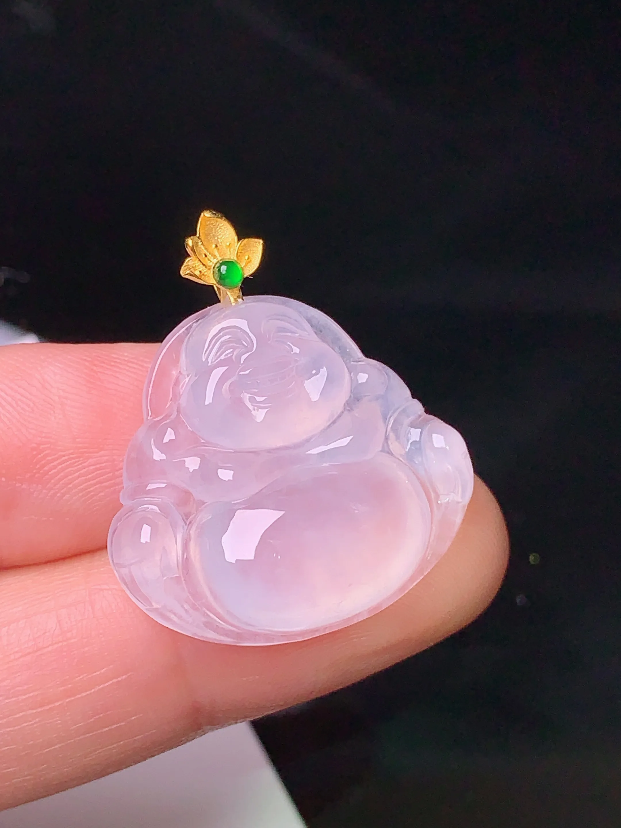 18k金镶嵌冰种平佛公吊坠 玉质细腻 色泽清新艳丽 整体尺寸28.2*24.5*6.3