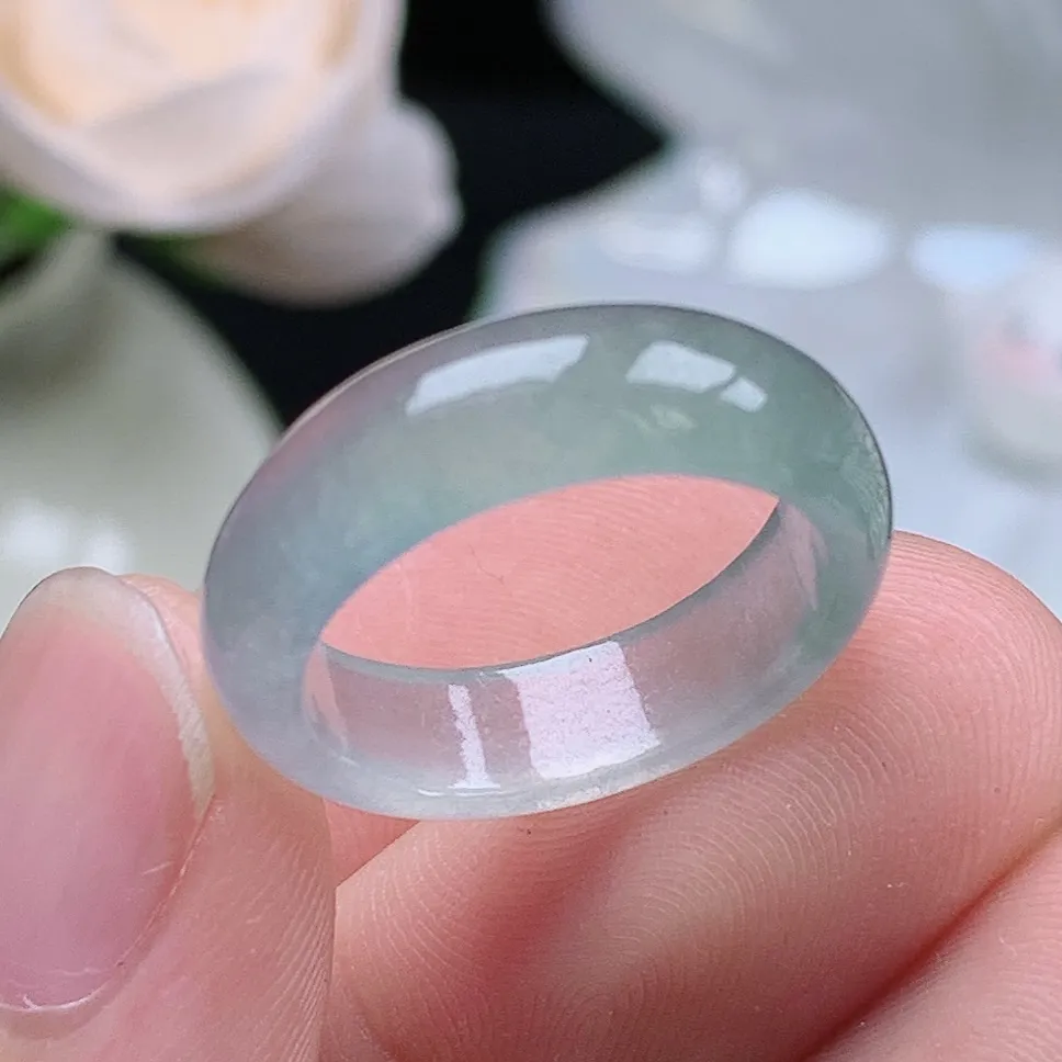 缅甸翡翠老坑冰种翡翠水润起胶晴底半山水戒指玉指环  水润通透 尺寸：17-5.6-3mm 13-14号圈口4S